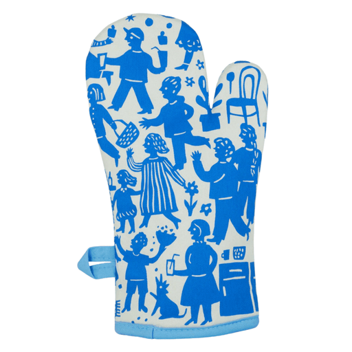 Back view of blue and cream oven mitt with party scene print and hanging loop.