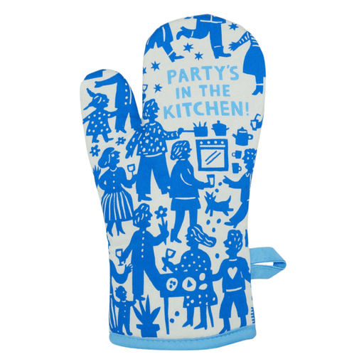 Front view of Party’s In The Kitchen! oven mitt with blue party print and slogan.
