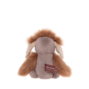 Back view of Pebble Bearhouse by Charlie Bears ogre plush toy showing brown shaggy hair and Charlie Bears tag