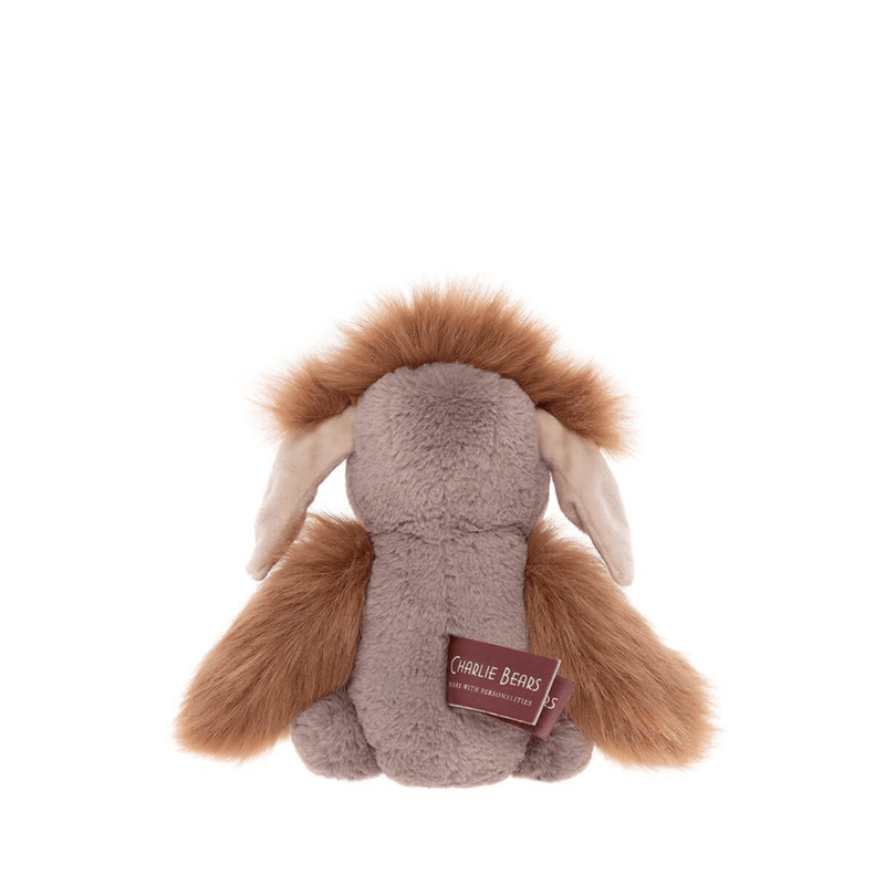 Back view of Pebble Bearhouse by Charlie Bears ogre plush toy showing brown shaggy hair and Charlie Bears tag