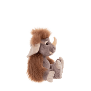 Side profile of Pebble Bearhouse by Charlie Bears ogre plush toy showing the long horn, floppy ear and fluffy brown mane