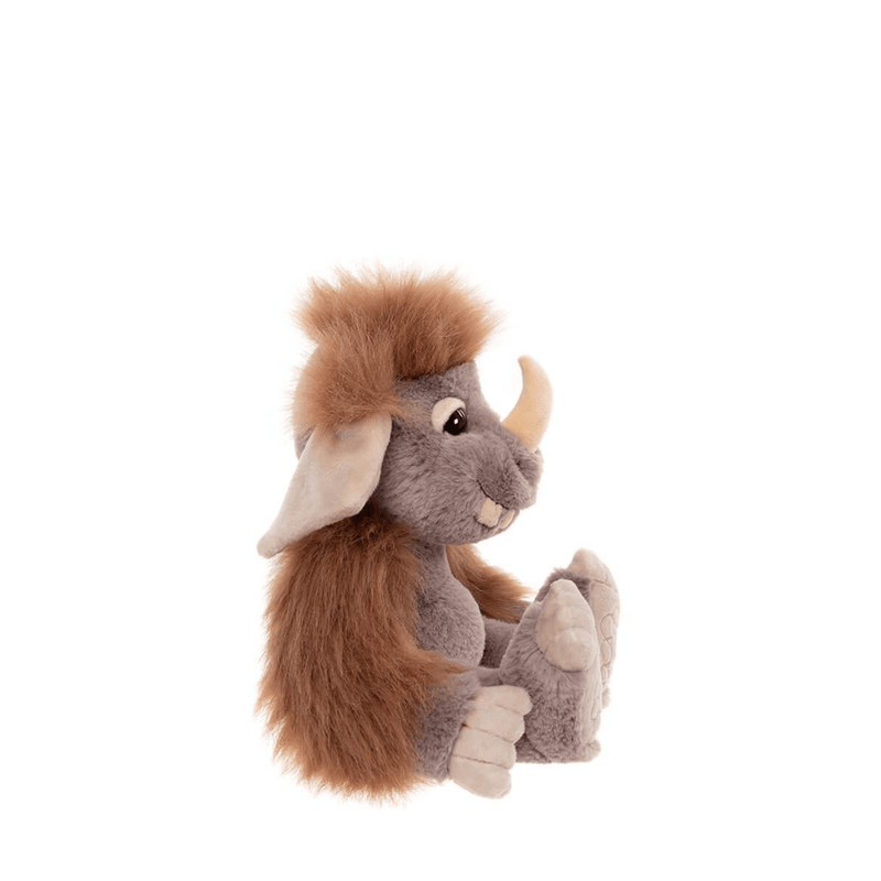 Side profile of Pebble Bearhouse by Charlie Bears ogre plush toy showing the long horn, floppy ear and fluffy brown mane