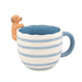 Angled view of blue striped stoneware Peeking Sausage Dog Mug with scalloped rim