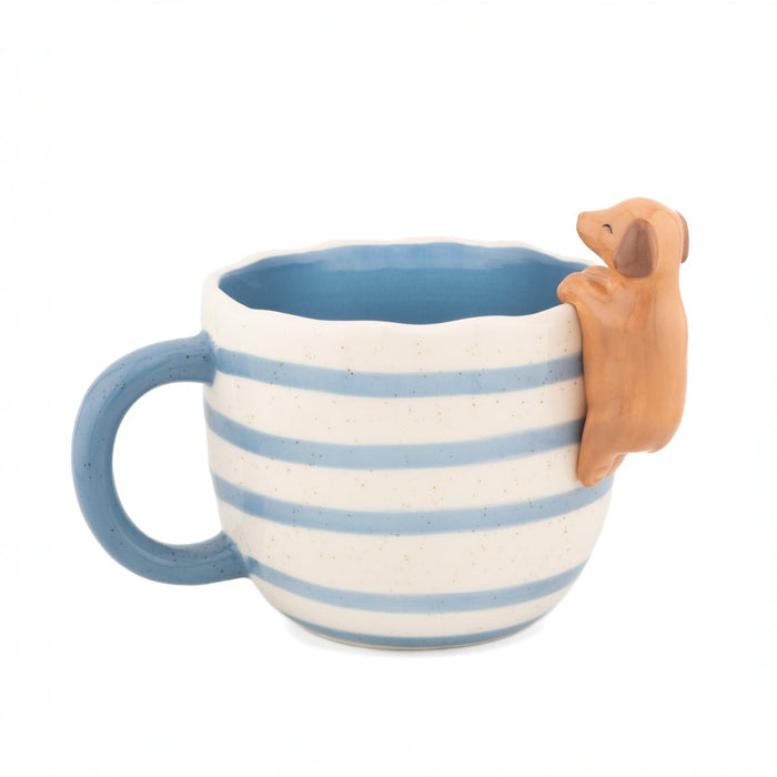 Side view of blue striped Peeking Sausage Dog Mug with dachshund peeking over the rim