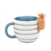 Side view of blue striped Peeking Sausage Dog Mug with dachshund peeking over the rim