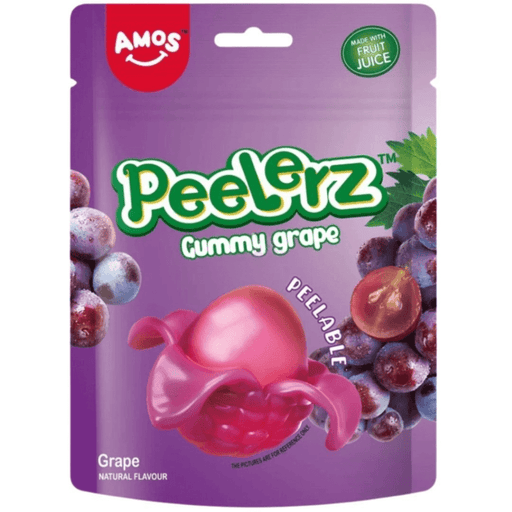 Amos Peelerz Gummy Grape peelable grape-shaped sweets 40g packaging close-up