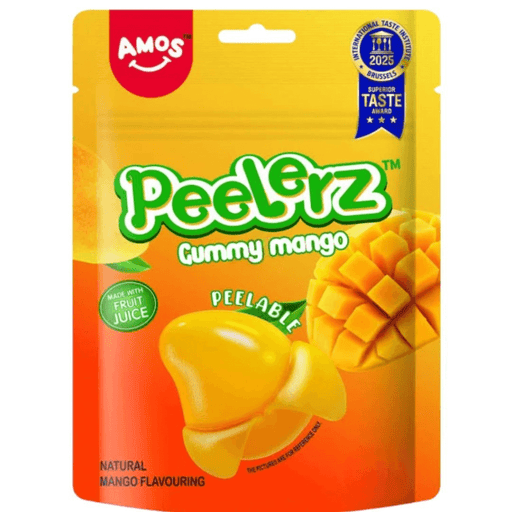 Amos Peelerz Gummy Mango peelable mango-shaped sweets 40g packaging close-up
