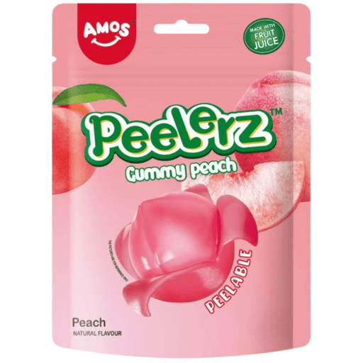 Amos Peelerz Gummy Peach peelable peach-shaped sweets 40g packaging close-up