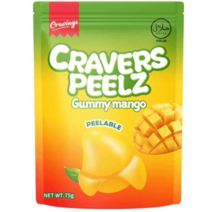 Cravers Peelz Gummy Mango 75g peelable gummy sweets front of pack