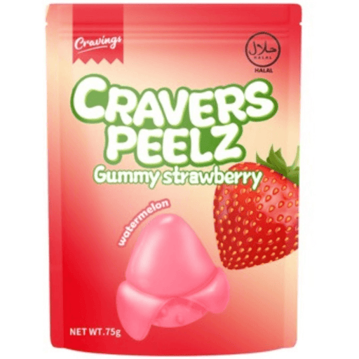 Cravers Peelz Strawberry peelable gummy sweets 75g packaging close-up