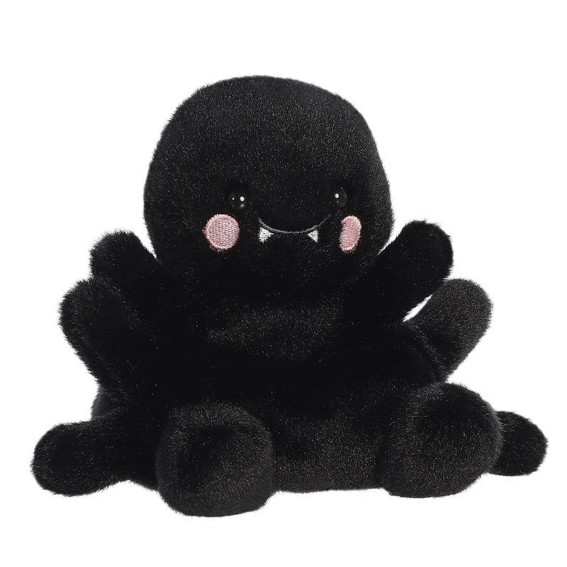 Rear view of Palm Pals Penny Mae Spider soft toy with fuzzy black texture.
