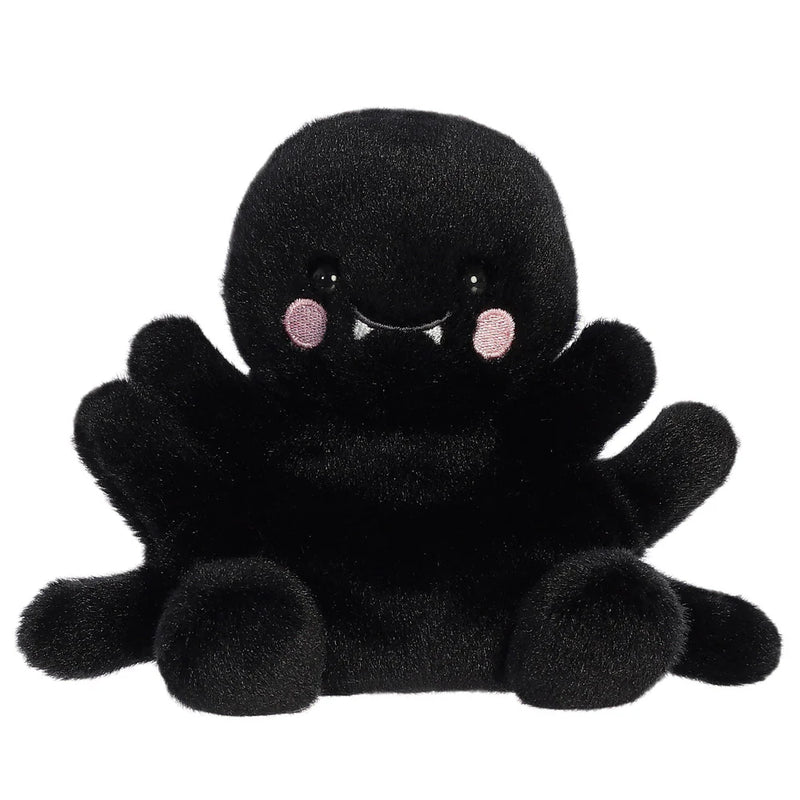 Palm Pals Penny Mae Spider soft toy with fangs and pink cheeks, front view.

