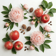 Pink peonies and red apples representing the Peony reed diffuser fragrance