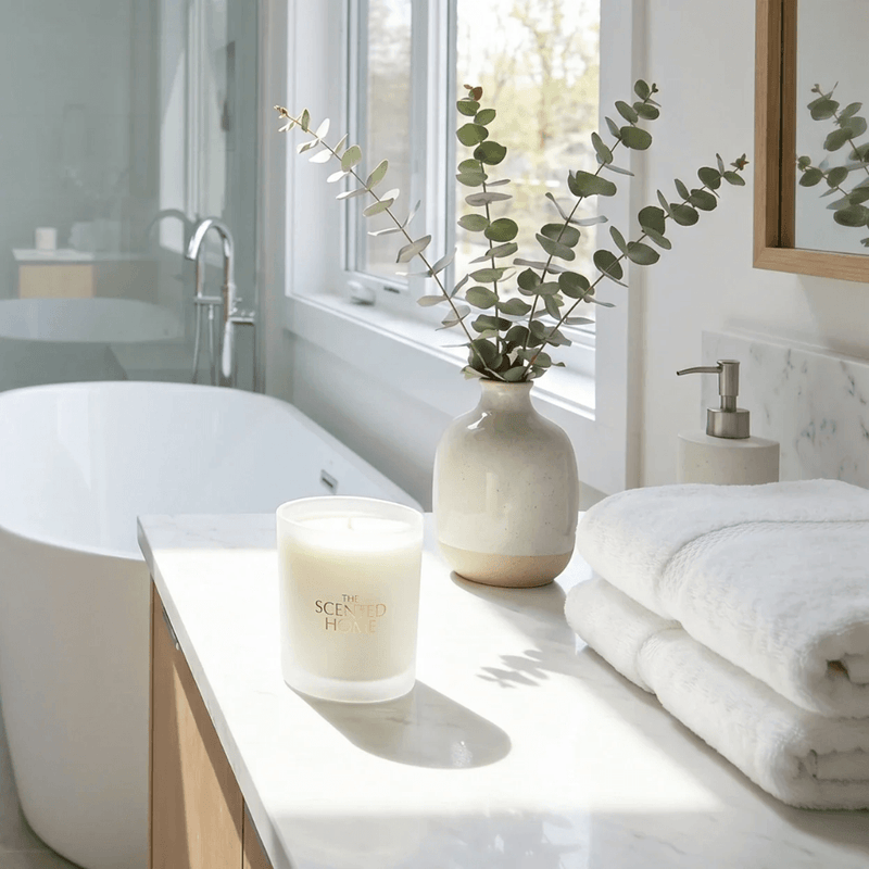 The Scented Home Peony scented candle styled in a bright bathroom beside folded towels and eucalyptus