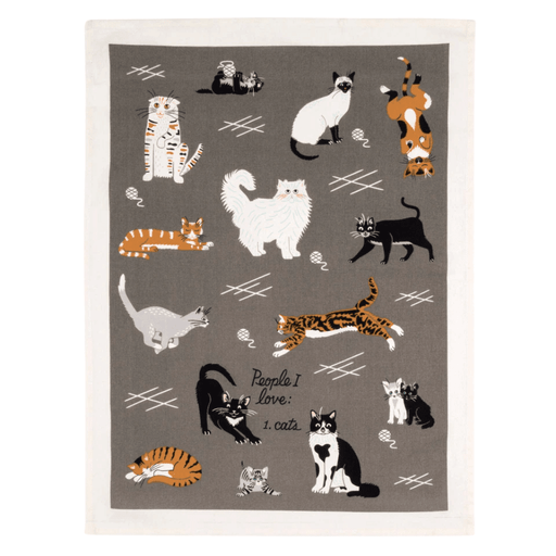 Full view of grey cotton tea towel with illustrated cats and yarn balls pattern.