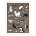 Full view of grey cotton tea towel with illustrated cats and yarn balls pattern.