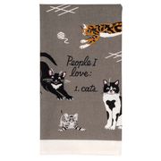 Close-up of grey cat tea towel showing People I love: 1. cats slogan.
