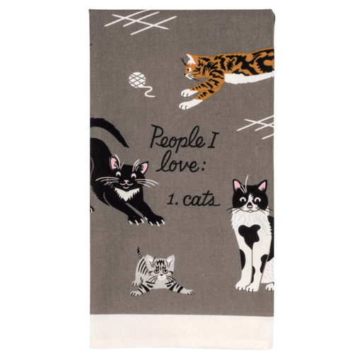 Close-up of grey cat tea towel showing People I love: 1. cats slogan.
