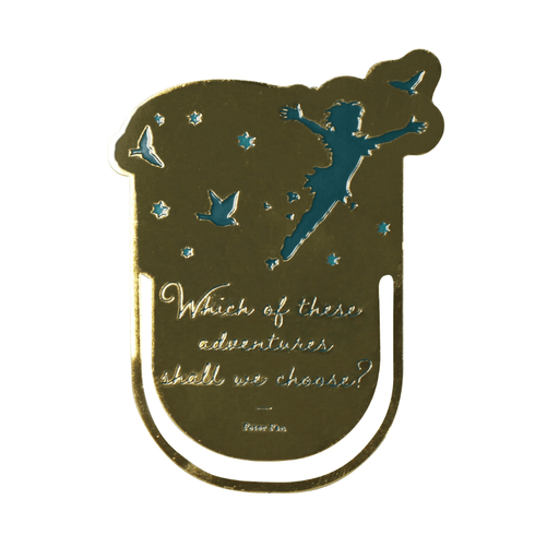 Close up of gold brass Peter Pan inspired Neverland bookmark with stars and birds
