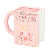 Front view of pink ceramic I Love Books book shaped mug