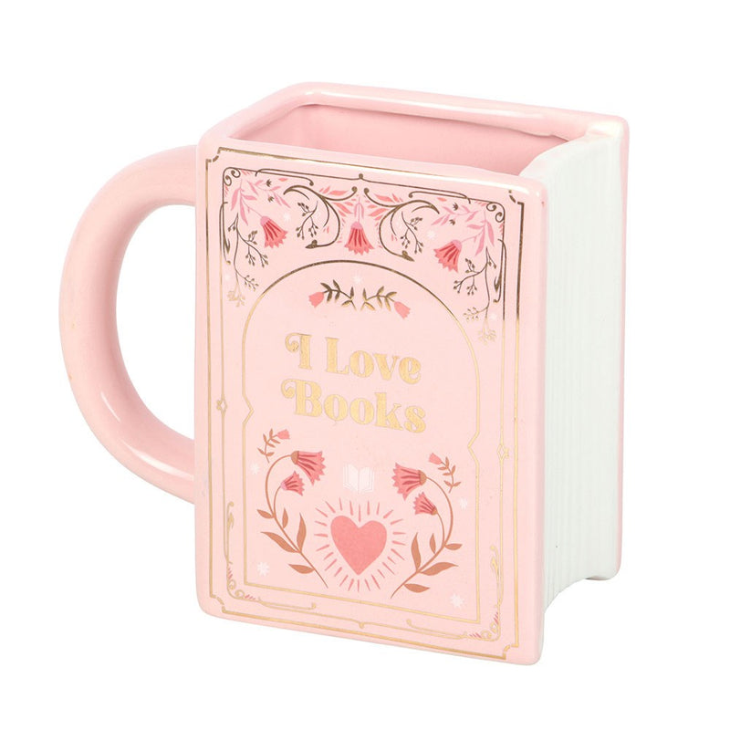 Front view of pink ceramic I Love Books book shaped mug