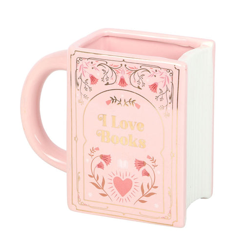 Front view of pink ceramic I Love Books book shaped mug