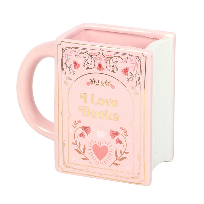 Front view of pink ceramic I Love Books book shaped mug