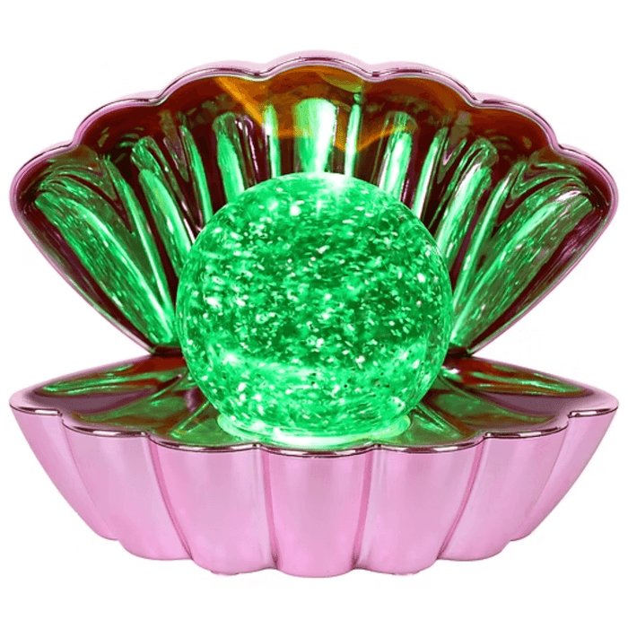 Pink metallic colour changing LED clam lamp with glowing green glitter pearl night light.