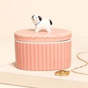 Pink oval ceramic dog trinket pot with striped design and 3D dog lid
