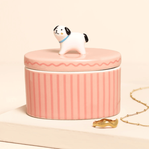 Pink oval ceramic dog trinket pot with striped design and 3D dog lid