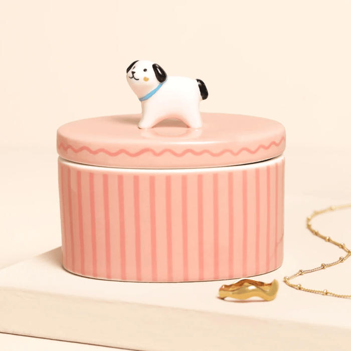 Pink oval ceramic dog trinket pot with striped design and 3D dog lid