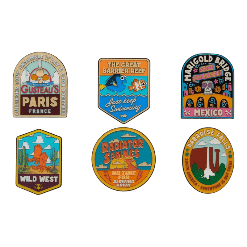 Six Loungefly Pixar Destinations enamel pin designs including Radiator Springs Paris Paradise Falls and Great Barrier Reef
