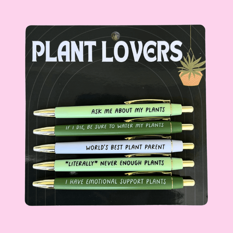 Plant lovers pen set with five black ink ballpoint pens featuring funny plant parent quotes in green tones