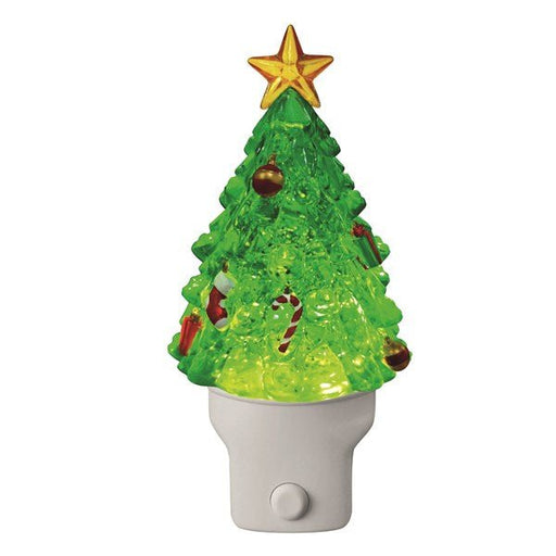 Front view of an 18cm plug-in LED Christmas tree night light with star topper and glitter spinner, white background.