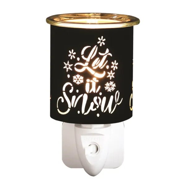 Plug-in wax melt burner with glowing black and gold Let It Snow silhouette, 13cm