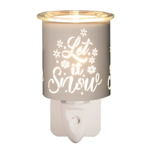 Plug-in wax melt burner with glowing white and gold Let It Snow silhouette, 13cm