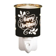 Plug-in wax melt burner with glowing black and gold “Merry Christmas” silhouette and holly, 13cm