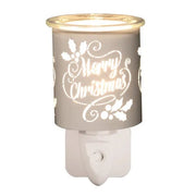 Plug-in wax melt burner with glowing white and gold “Merry Christmas” silhouette and holly, 13cm