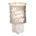 Plug-in wax melt burner with glowing white and gold “Merry Christmas” silhouette and holly, 13cm