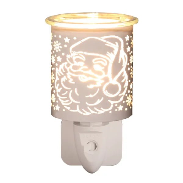 Plug-in wax melt burner with glowing white and gold Santa silhouette, 13cm
