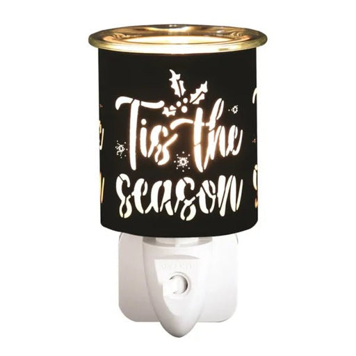 Plug-in wax melt burner with glowing black and gold ’Tis the Season silhouette, 13cm