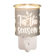 Plug-in wax melt burner with glowing white and gold ’Tis the Season silhouette, 13cm