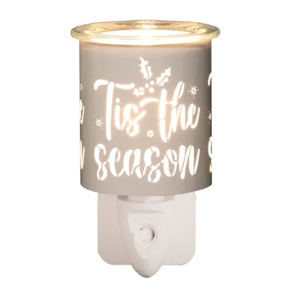 Plug-in wax melt burner with glowing white and gold ’Tis the Season silhouette, 13cm