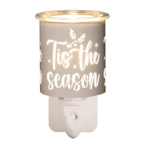 Plug-in wax melt burner with glowing white and gold ’Tis the Season silhouette, 13cm