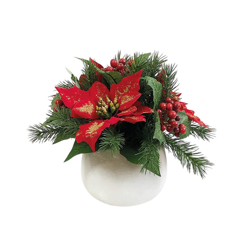 22cm faux poinsettia and berry arrangement with pine in a white pot.


