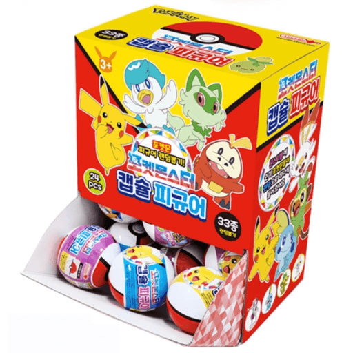 Pokémon capsule figure display box filled with Poké Ball-style capsules