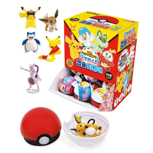 Pokémon Poké Ball capsule opened to show a random figure with display box behind