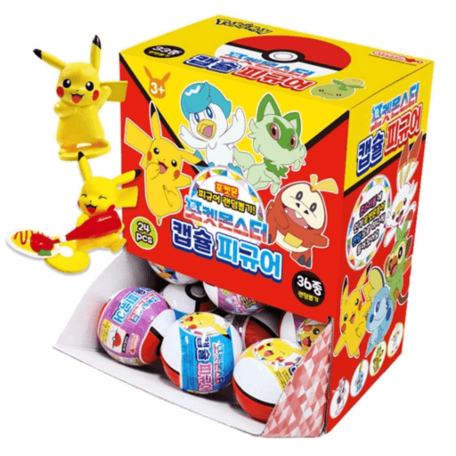Pokémon capsule figure display box packshot with Pikachu figures shown alongside