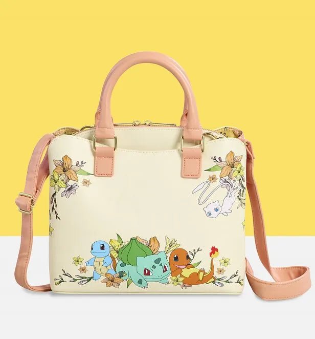 Pokémon Mew and Kanto Starters crossbody bag with floral design and pastel pink handles