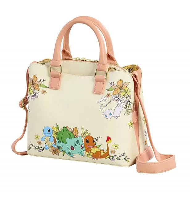 Side angle of crossbody bag showing pastel strap and floral Pokémon artwork